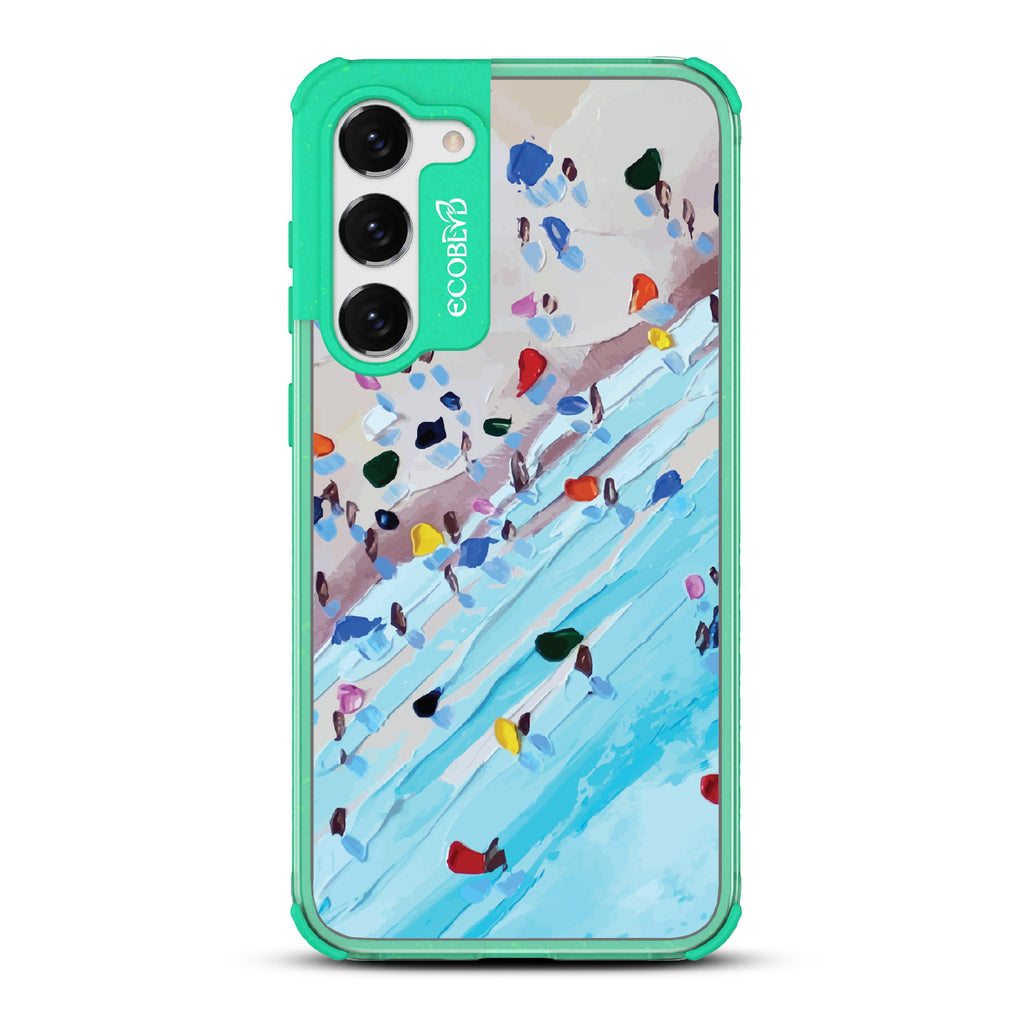 Samsung Galaxy S23 s case, clear eco-friendly phone case with green ridges, back view, Waves of Color design