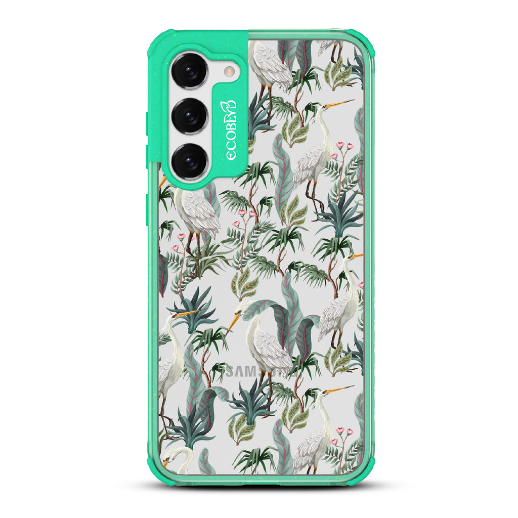 Flock Together - Green Eco-Friendly Galaxy S23 Plus Case With Herons & Peonies On A Clear Back