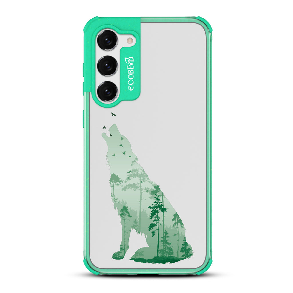 Howl at the Moon - Green Eco-Friendly Galaxy S23 Case With A With Howling Wolf And Moonlit Woodlands Print On A Clear Back