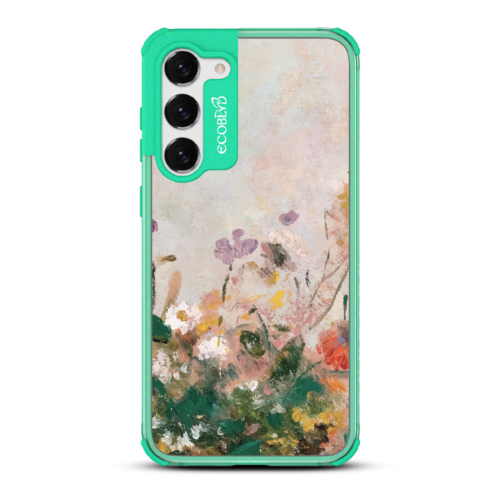 Samsung Galaxy S23 case, clear eco-friendly phone case with green ridges, back view, Wild Grace design