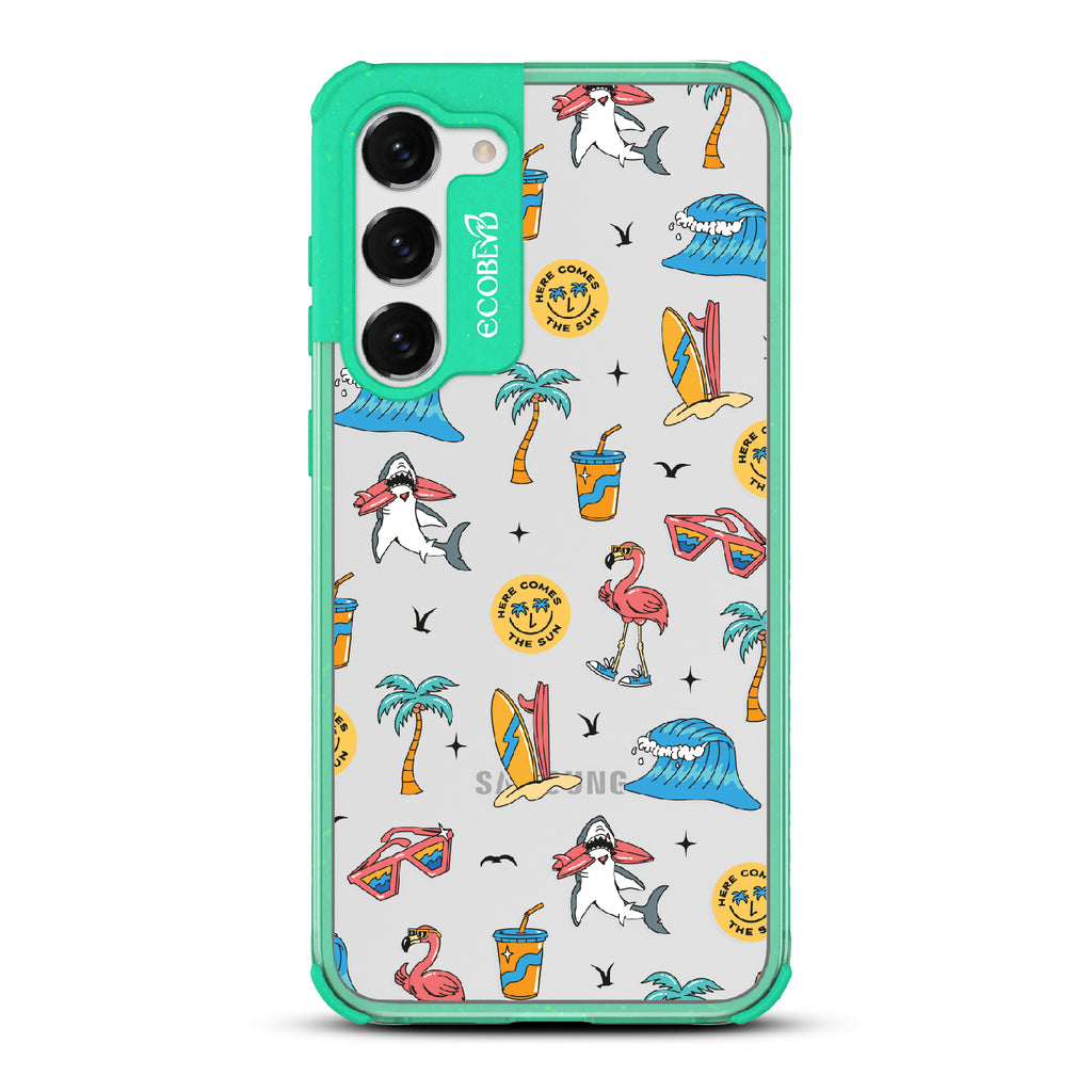 Here Comes The Sun - Green Eco-Friendly Galaxy S23 Case: Sunglasses, Surfboard, Waves & Beach Theme On A Clear Back