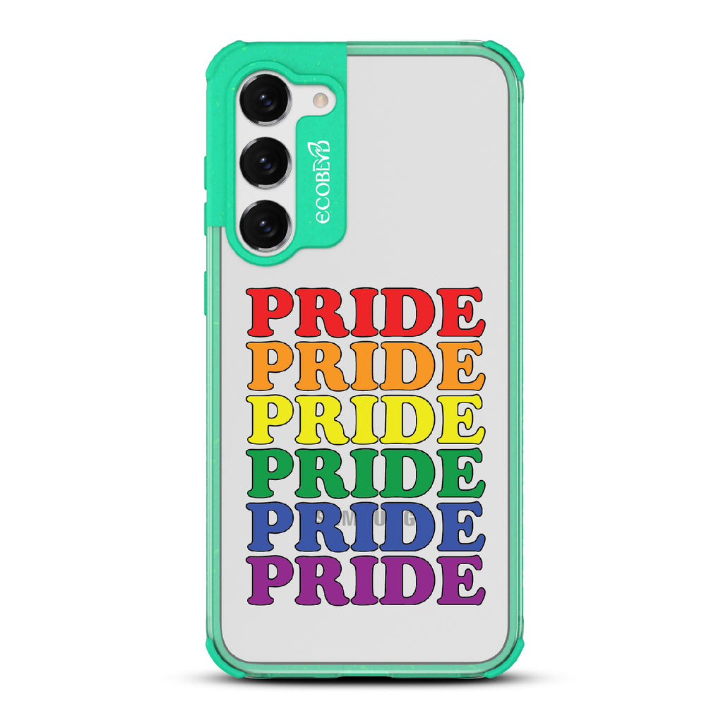 Pride Camp - Green Eco-Friendly Galaxy S23 Case With Pride Stacked In Multiple Rainbow Colors On A Clear Back
