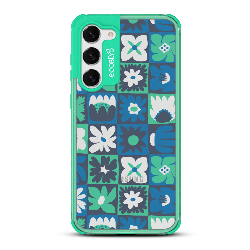 Paradise Blooms - Green Eco-Friendly Galaxy S23 Case With Tropical Floral Checker Print On A Clear Back