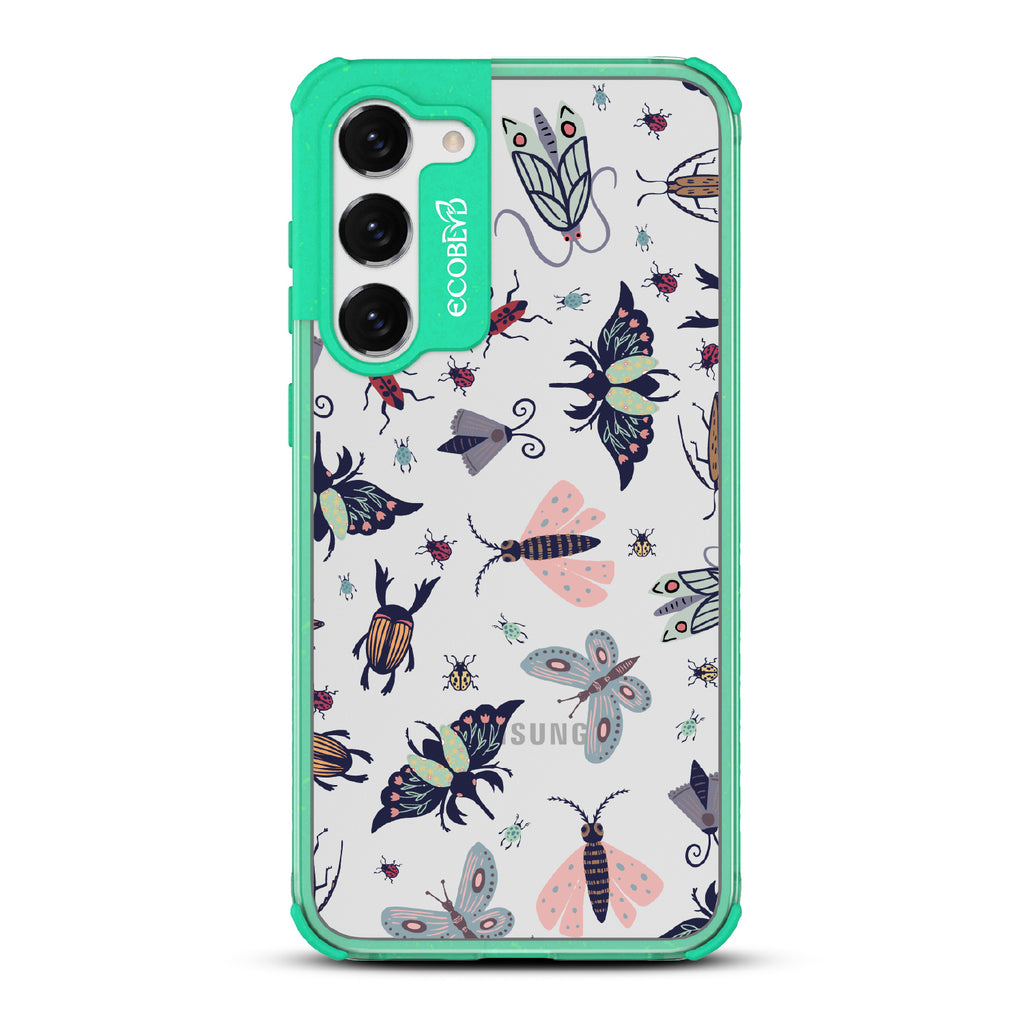 Bug Out - Green Eco-Friendly Galaxy S23 Plus Case With Butterflies, Moths, Dragonflies, And Beetles On A Clear Back