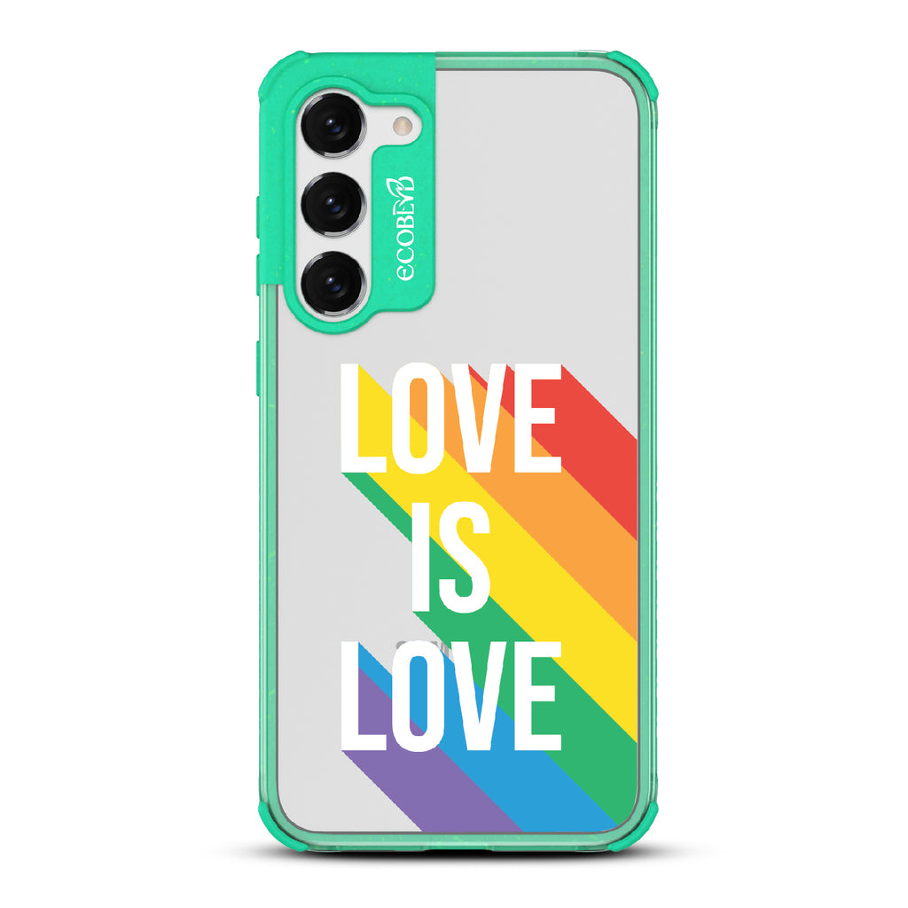 Spectrum Of Love - Green Eco-Friendly Galaxy S23 Case With Love Is Love + Rainbow Gradient Shadow On A Clear Back