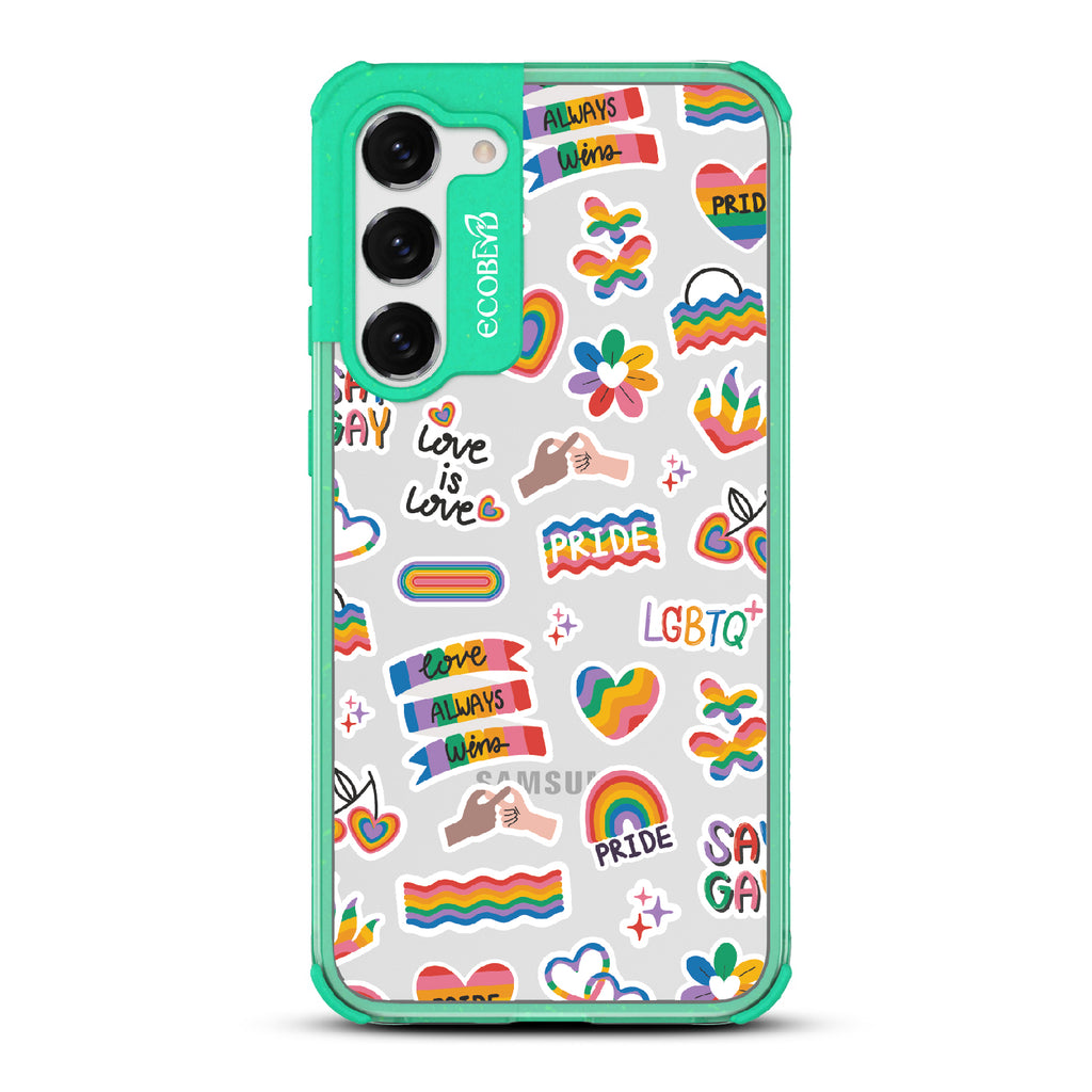 Loud And Proud - Green Eco-Friendly Galaxy S23 Case With Pride, Love Aways Wins + More Sticker-Like Prints On A Clear Back