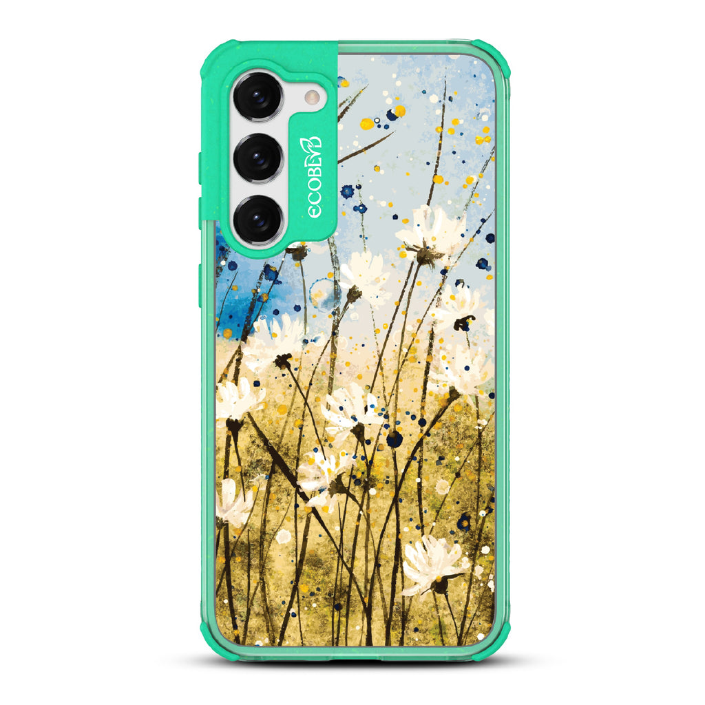 Samsung Galaxy S23 case, clear eco-friendly phone case with green ridges, back view, Dandelion Dance design