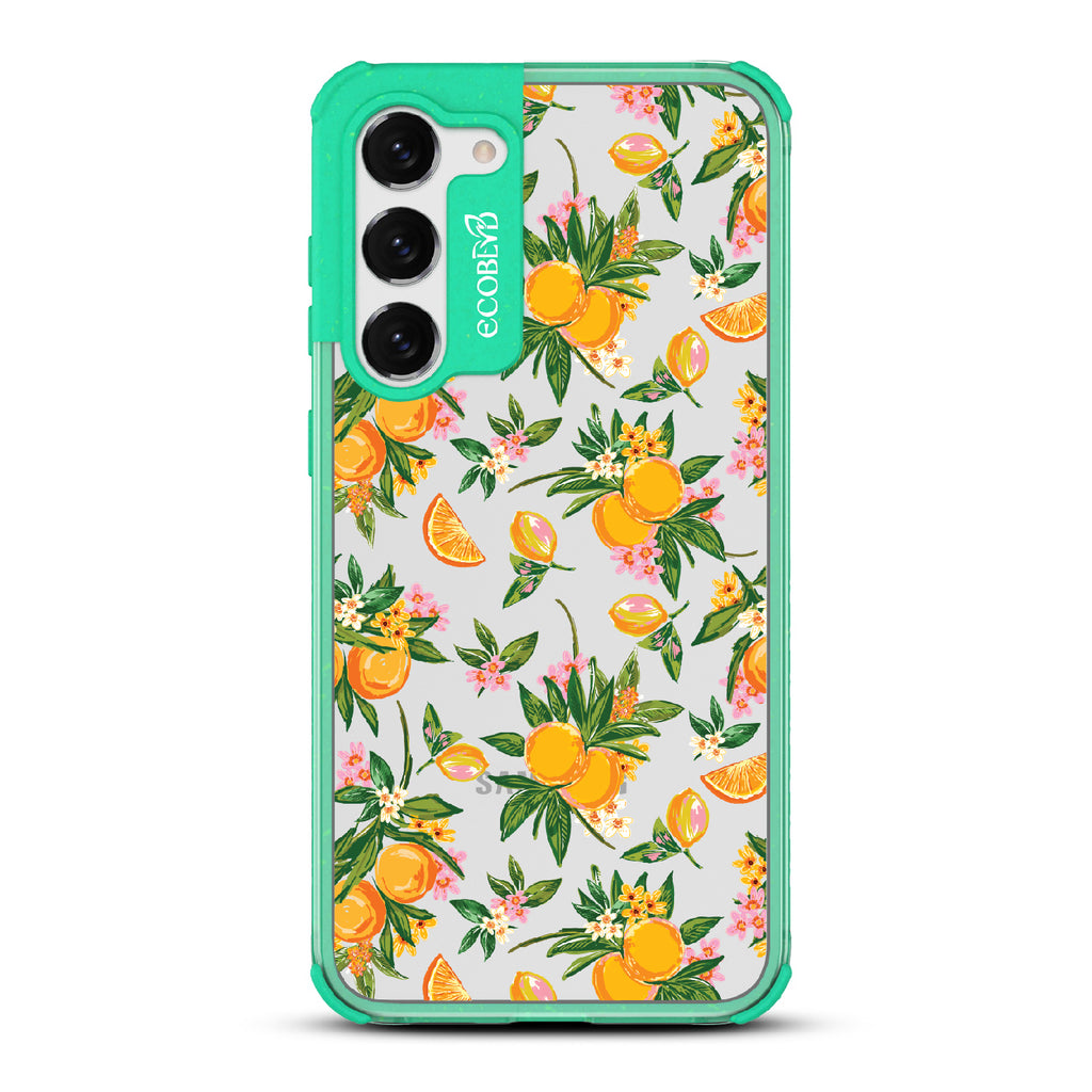 Orange Bliss - Green Eco-Friendly Galaxy S23 Case With Oranges, Orange Slices and Leaves On A Clear Back