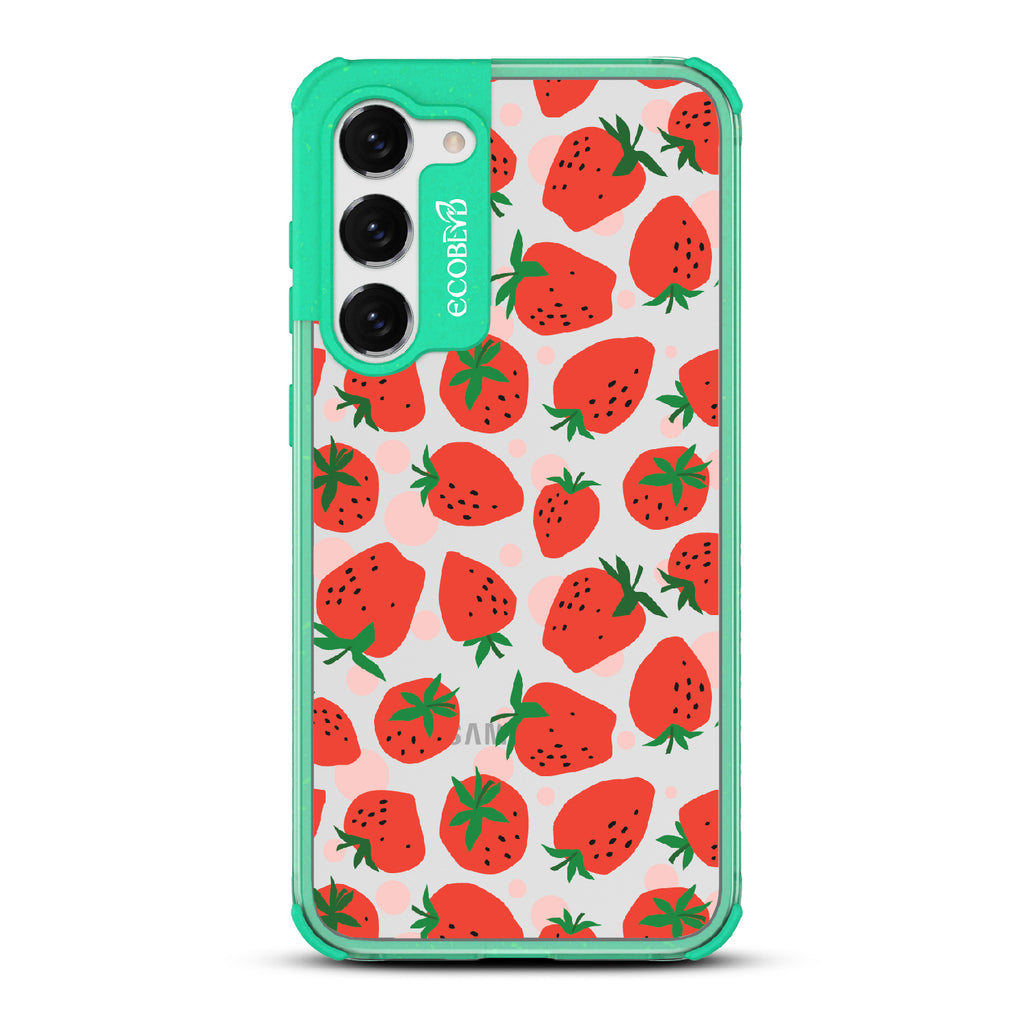 Strawberry Fields - Green Eco-Friendly Galaxy S23 Case With Strawberries On A Clear Back