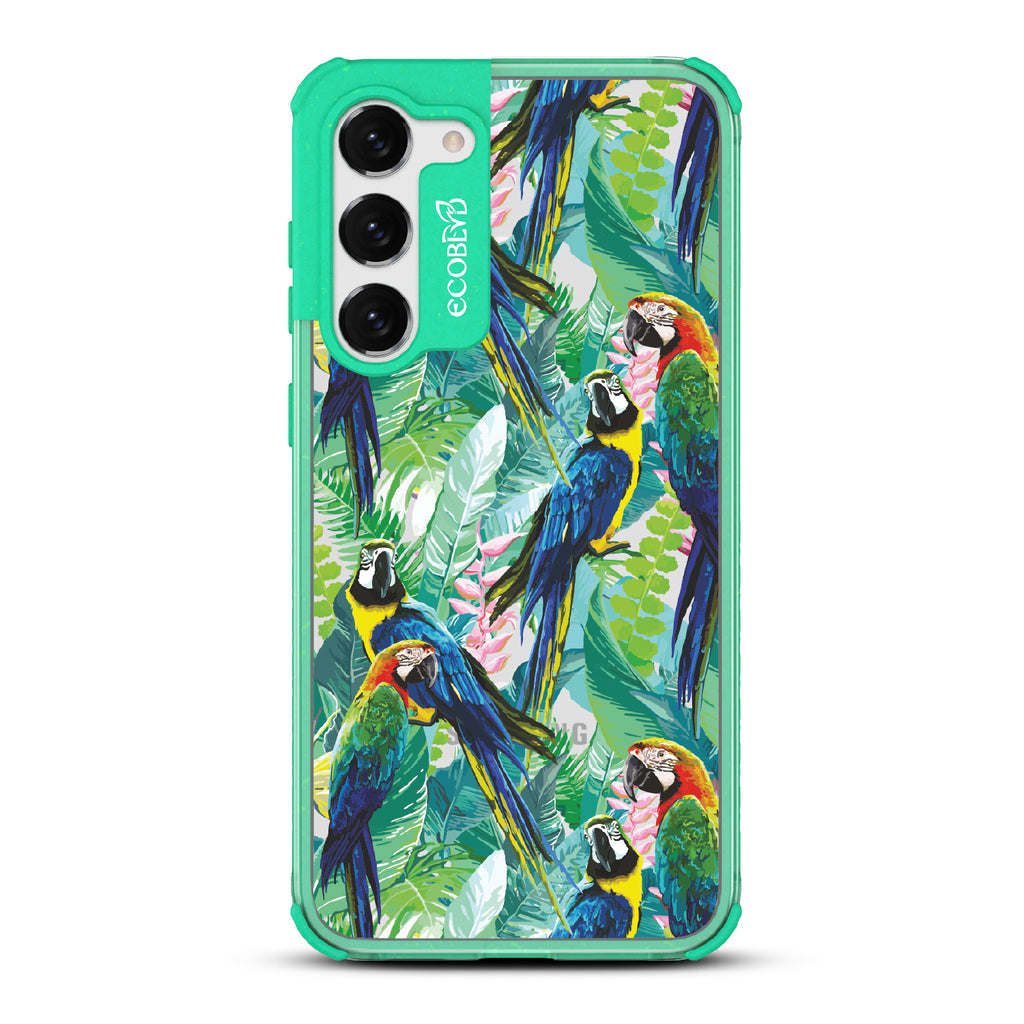 Macaw Medley - Green Eco-Friendly Galaxy S23 Plus Case With Macaws & Tropical Leaves On A Clear Back