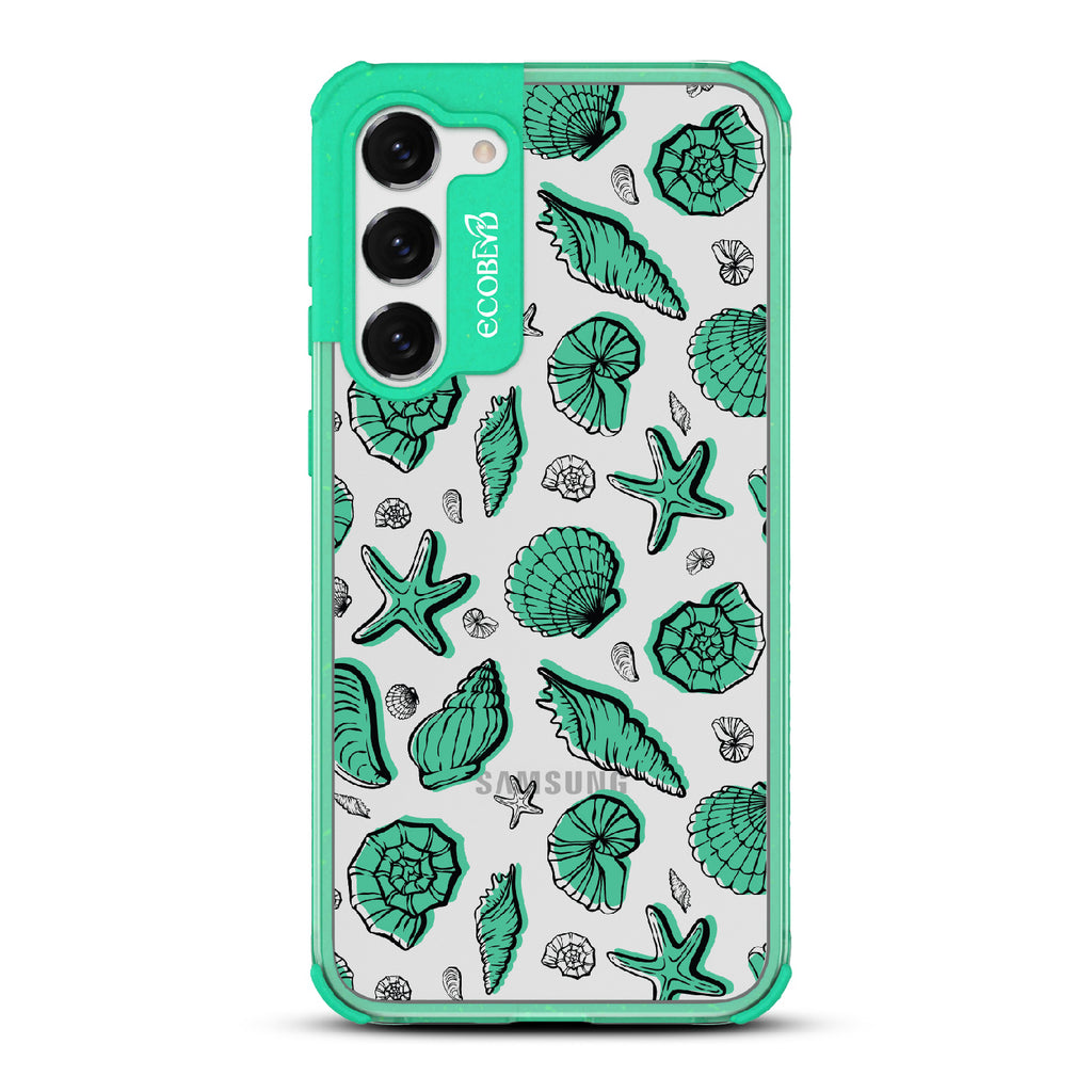 Seashells Seashore - Green Eco-Friendly Galaxy S23 Case With Seashells and Starfish On A Clear Back