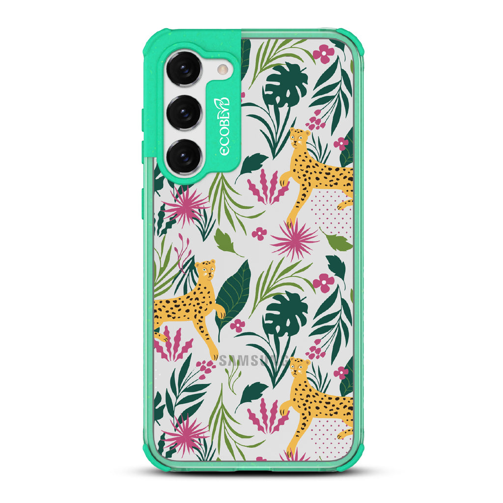 Jungle Boogie - Green Eco-Friendly Galalxy S23 Case With Cheetahs Among Lush Colorful Jungle Foliage On A Clear Back