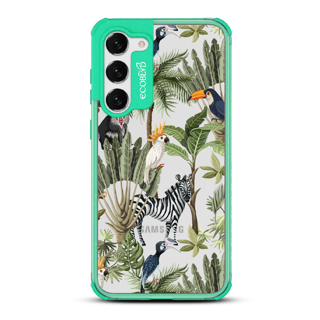 Toucan Play That Game - Green Eco-Friendly Galaxy S23 Case With Jungle Fauna, Toucan, Zebra & More On A Clear Back