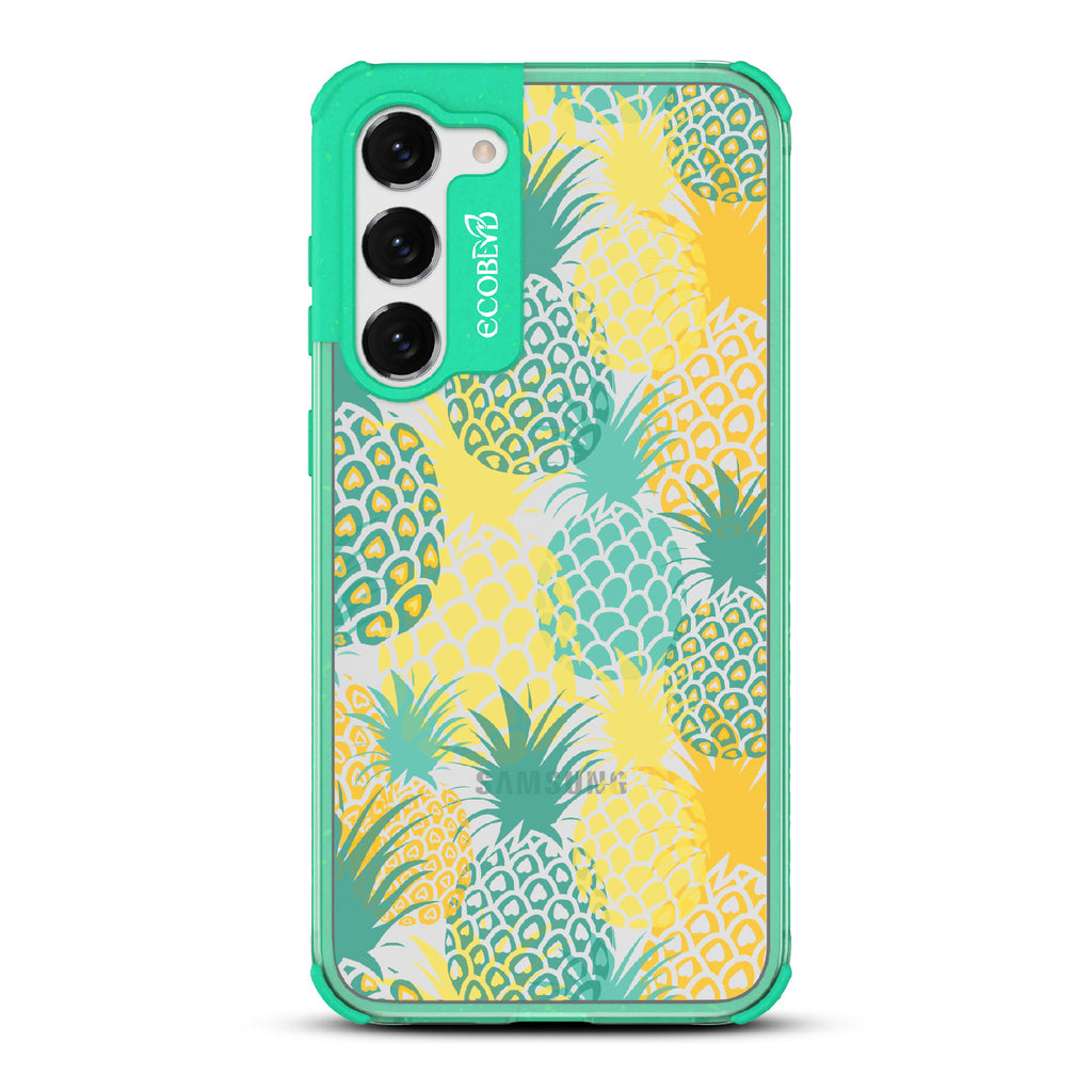 Pineapple Breeze - Green Eco-Friendly Galaxy S23 Case With Tropical Colored Pineapples On A Clear Back