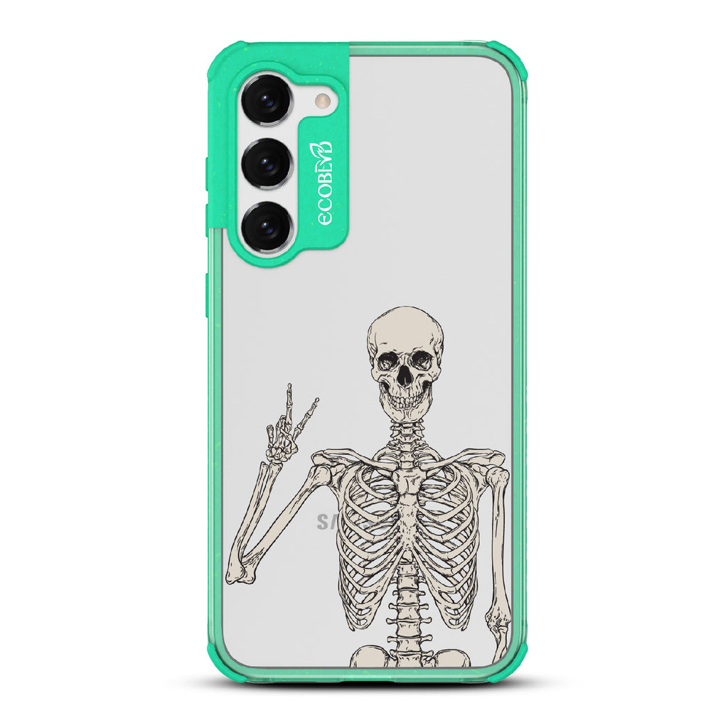Creepin??????It Real - Green Eco-Friendly Galaxy S23 Case With Skeleton Giving A Peace Sign On A Clear Back