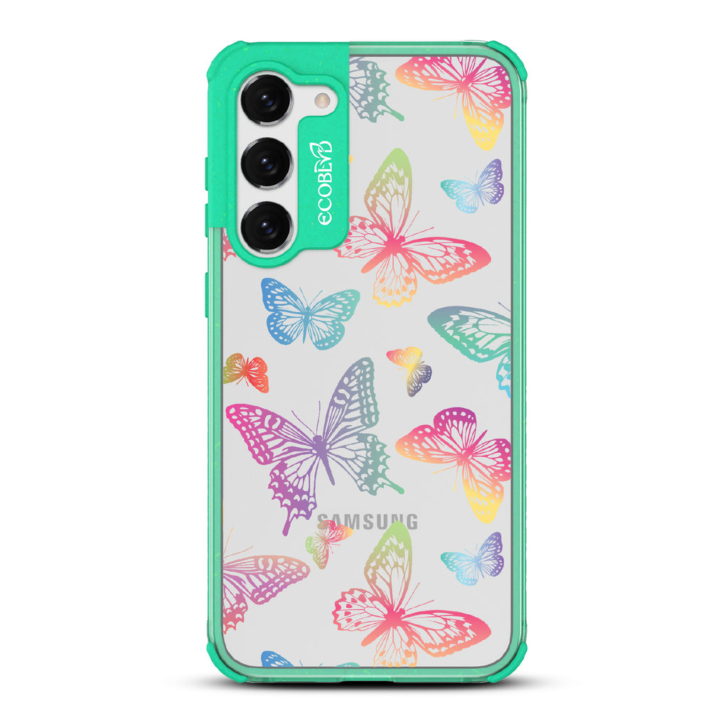 Butterfly Effect - Green Eco-Friendly Galaxy S23 Plus Case With Multi-Colored Neon Butterflies On A Clear Back