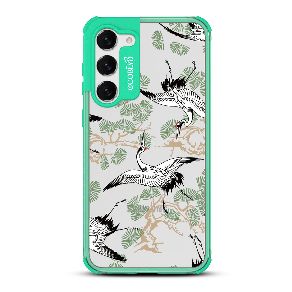 Graceful Crane - Green Eco-Friendly Galaxy S23 Case With Japanese Cranes Atop Branches On A Clear Back