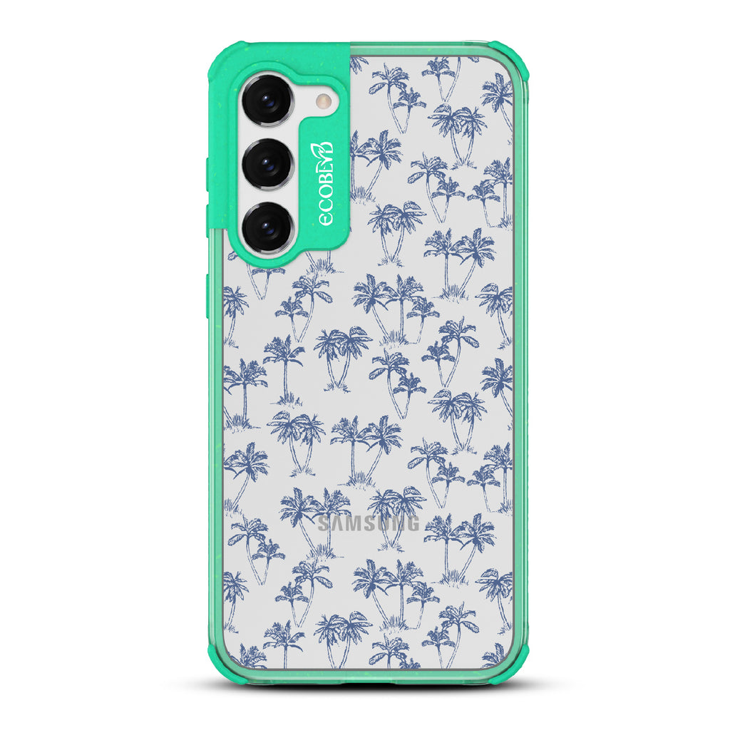 Endless Summer - Green Eco-Friendly Galaxy S23 Case With 50's-Style Blue Palm Trees Print On A Clear Back