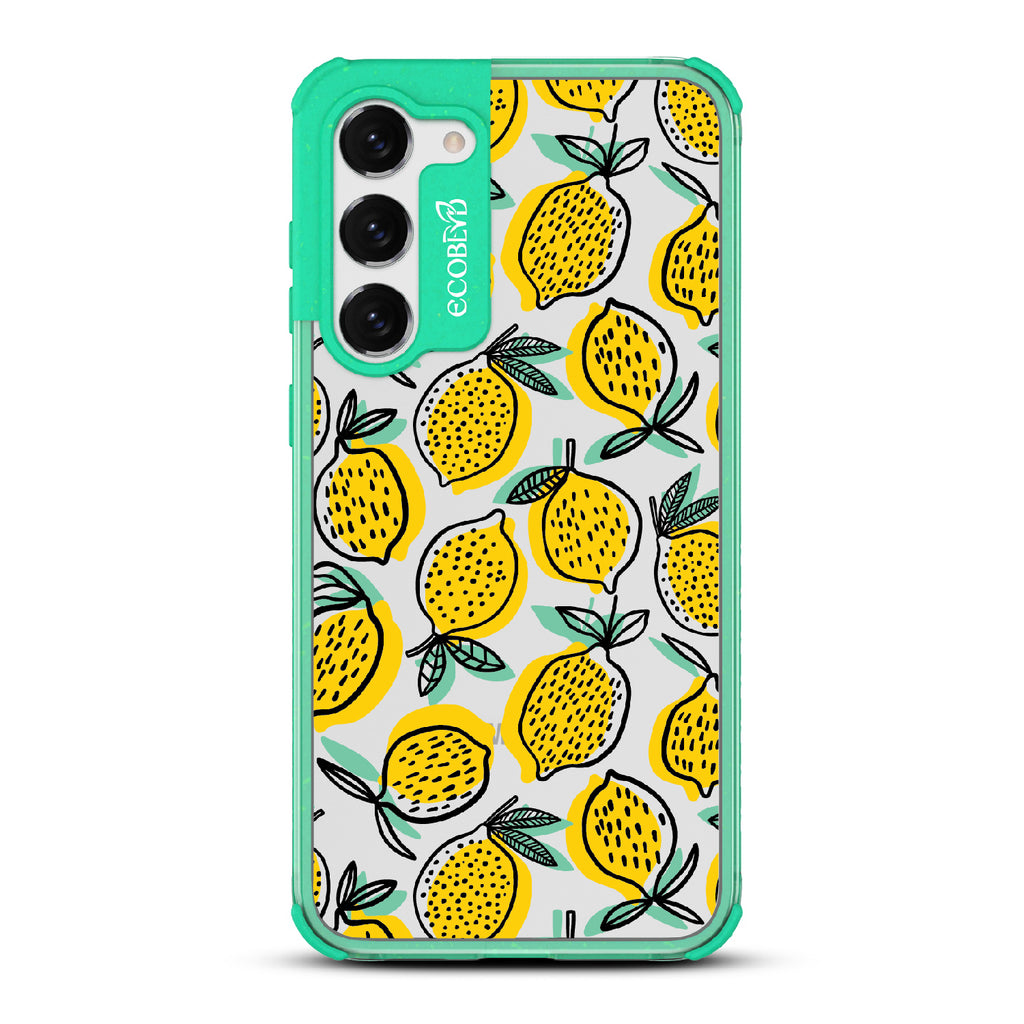 Lemon Drop - Green Eco-Friendly Galaxy S23 Case With Retro Lemon Print On A Clear Back