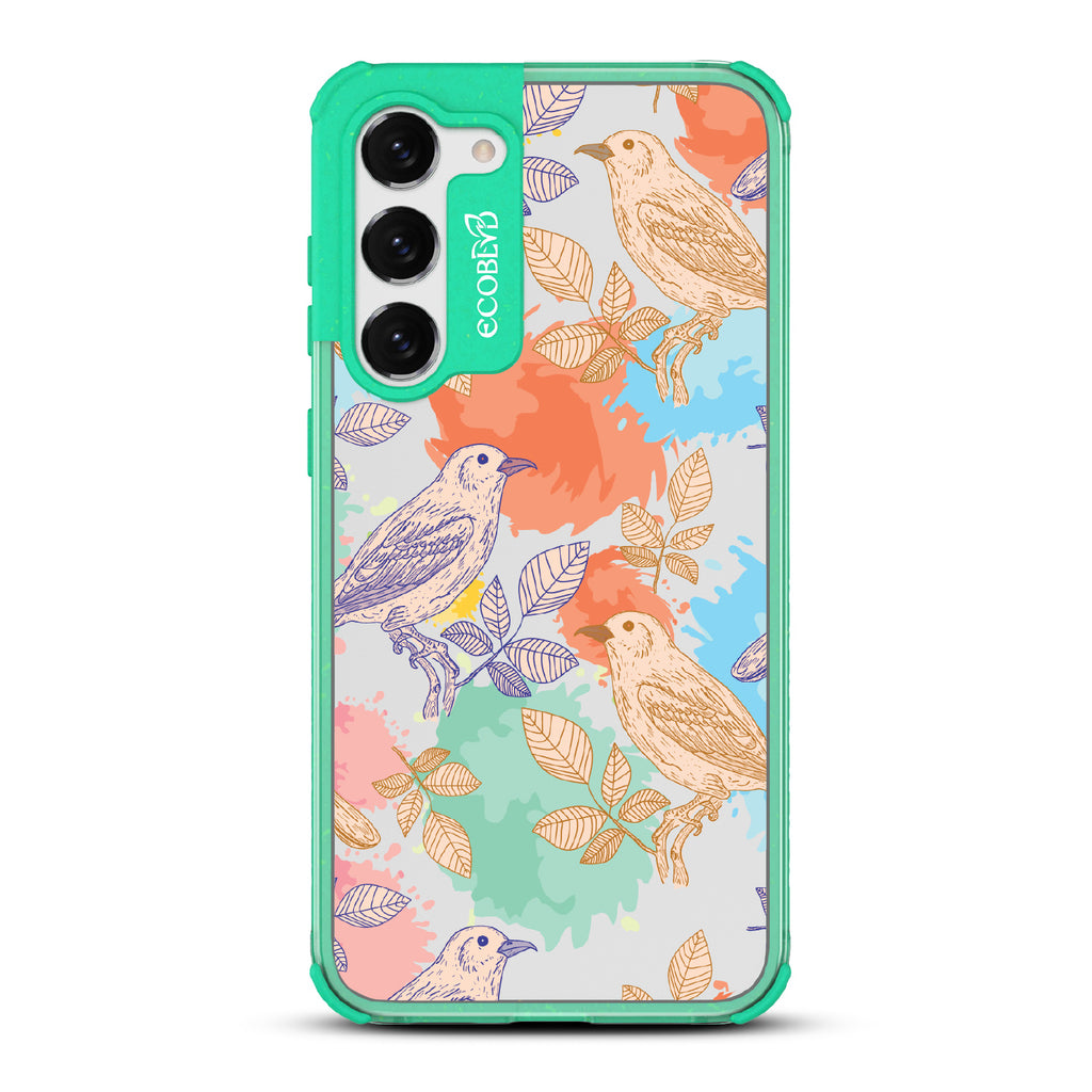 Perch Perfect - Green Eco-Friendly Galaxy S23 Case With Birds On Branches & Splashes Of Color On A Clear Back