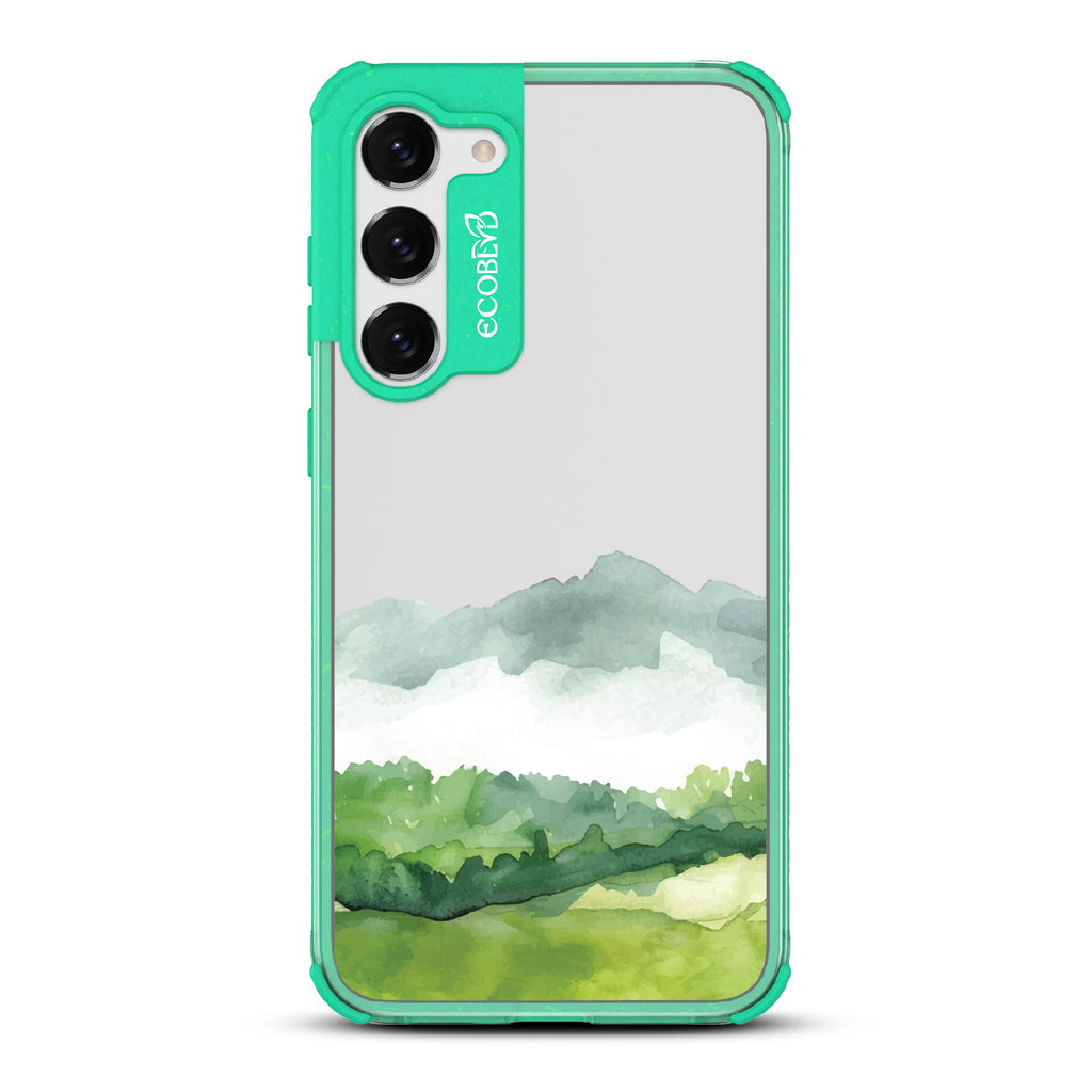 Samsung Galaxy S23 case, clear eco-friendly phone case with green ridges, back view, Open Horizon design