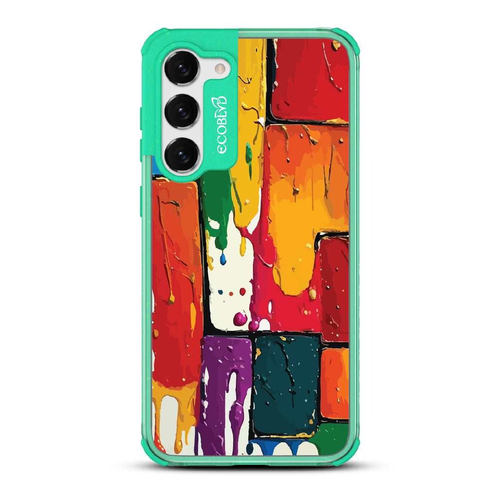 Samsung Galaxy S23 case, clear eco-friendly phone case with green ridges, back view, Color Me Mine design