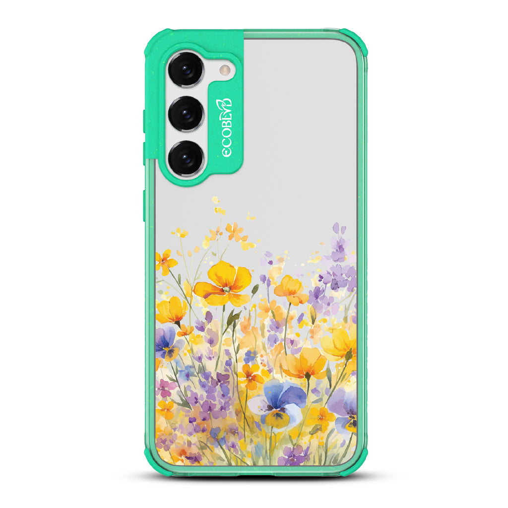 Samsung Galaxy S23 Plus case, clear eco-friendly phone case with green ridges, back view, Meadowlight design