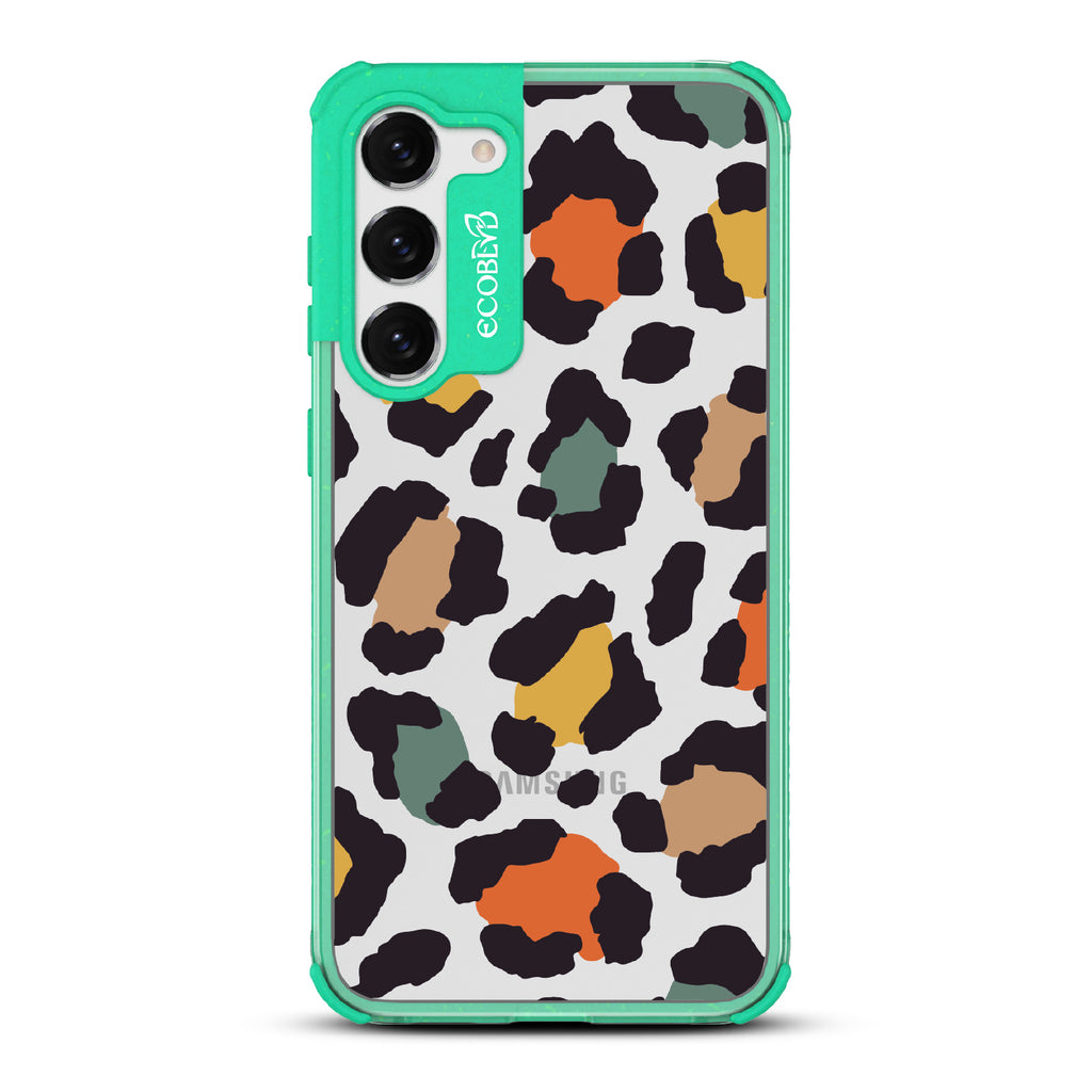 Cheetahlicious - Green Eco-Friendly Galaxy S23 Plus Case With Multi-Colored Cheetah Print On A Clear Back