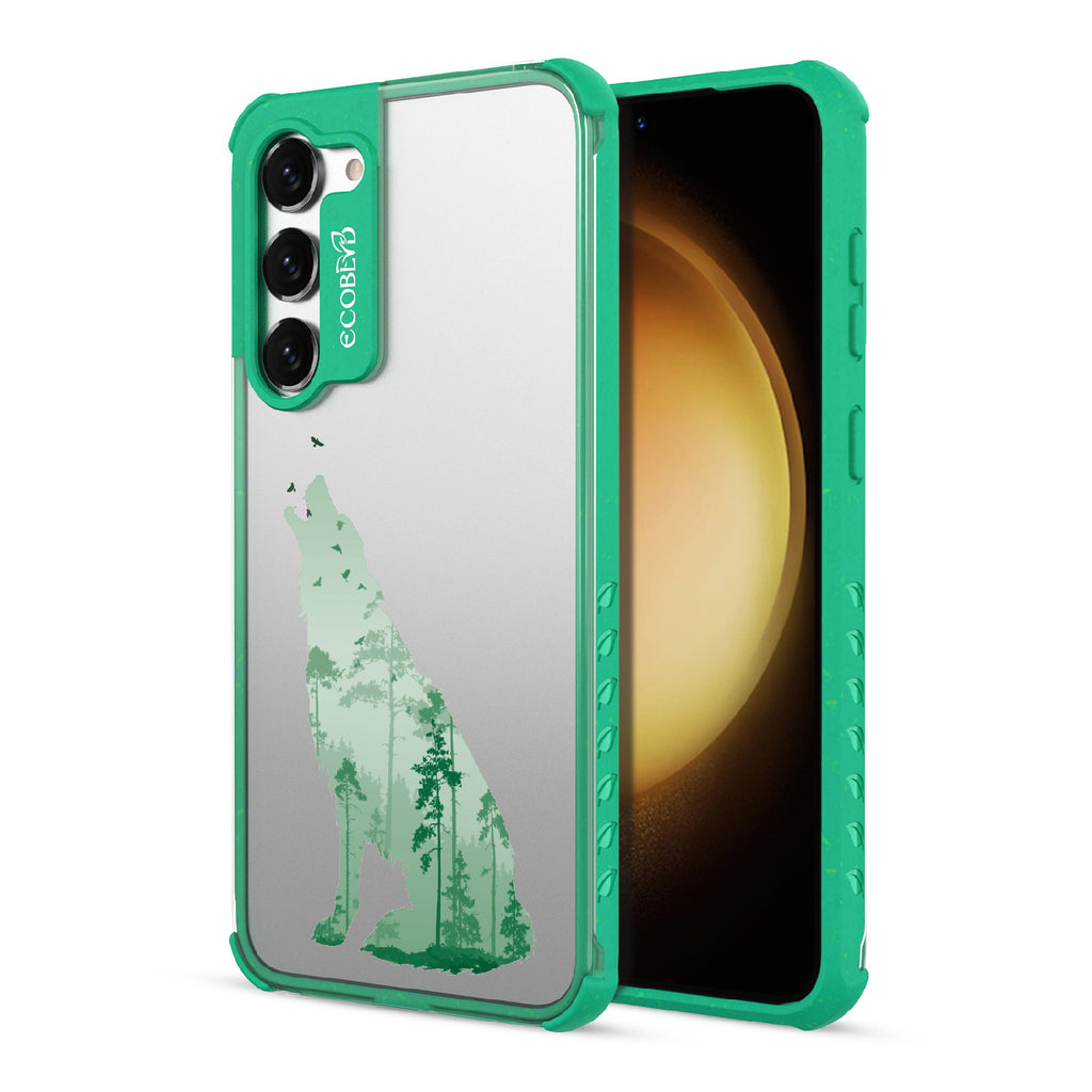 Howl at the Moon - Back View Of Green & Clear Eco-Friendly Galaxy S23 Plus Case & A Front View Of The Screen