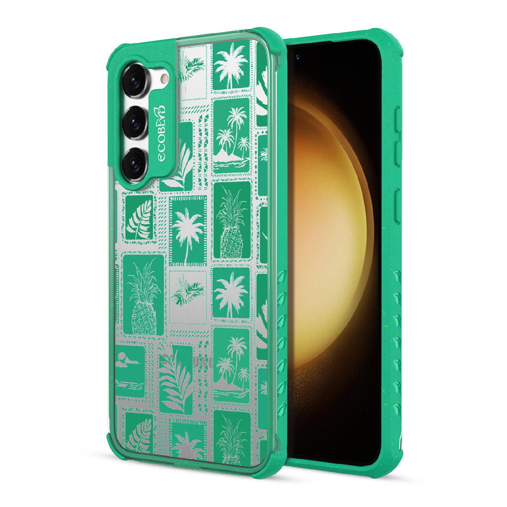 Oasis - Back View Of Green & Clear Eco-Friendly Galaxy S23 Case & A Front View Of The Screen