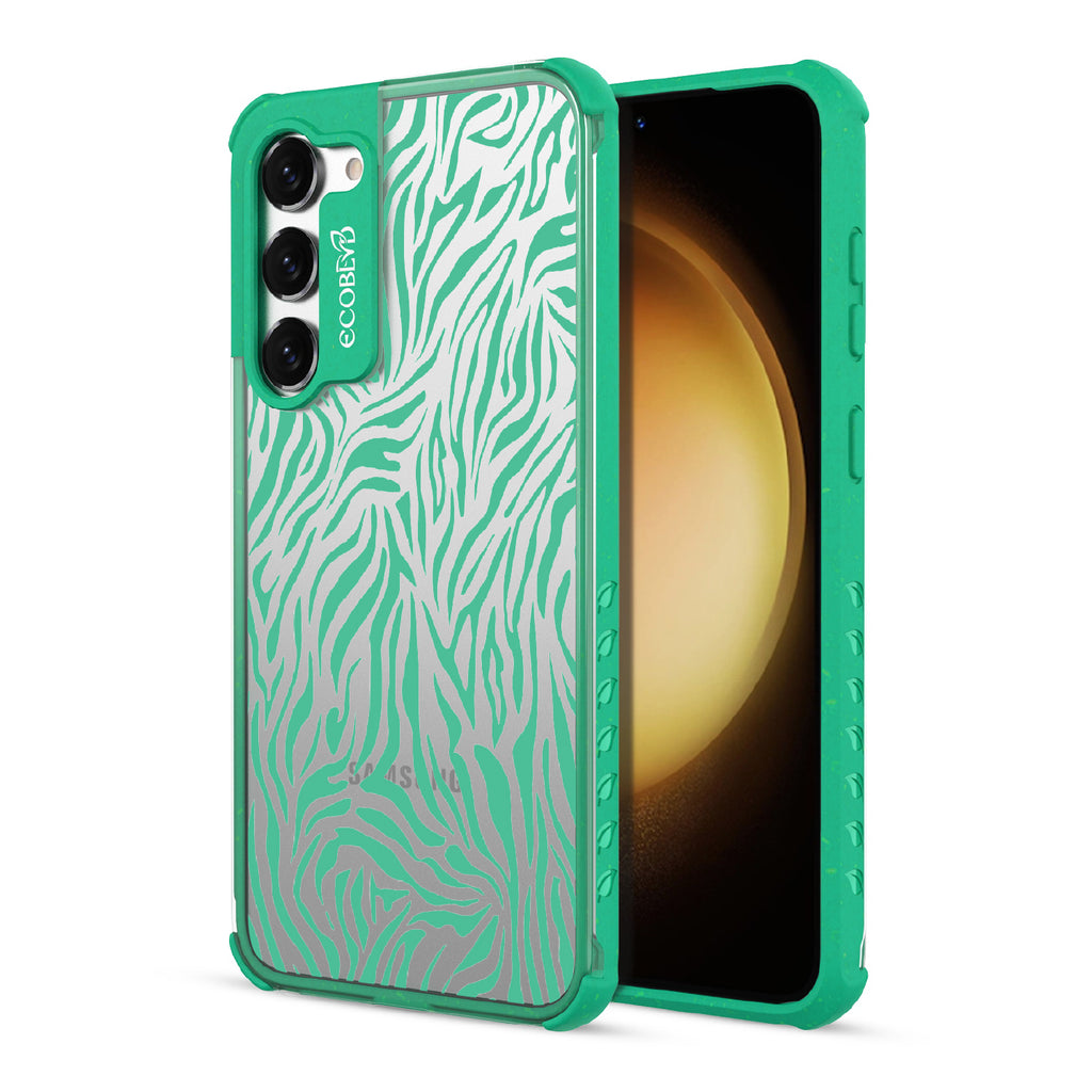 Zebra Print - Back View Of Green & Clear Eco-Friendly Galaxy S23 Plus Case & A Front View Of The Screen