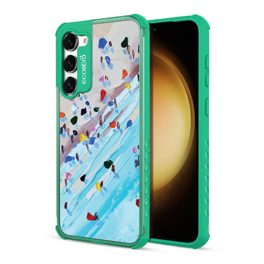 Front and back view of Samsung Galaxy S23 case, clear compostable phone case with green ridges, Waves of Color design