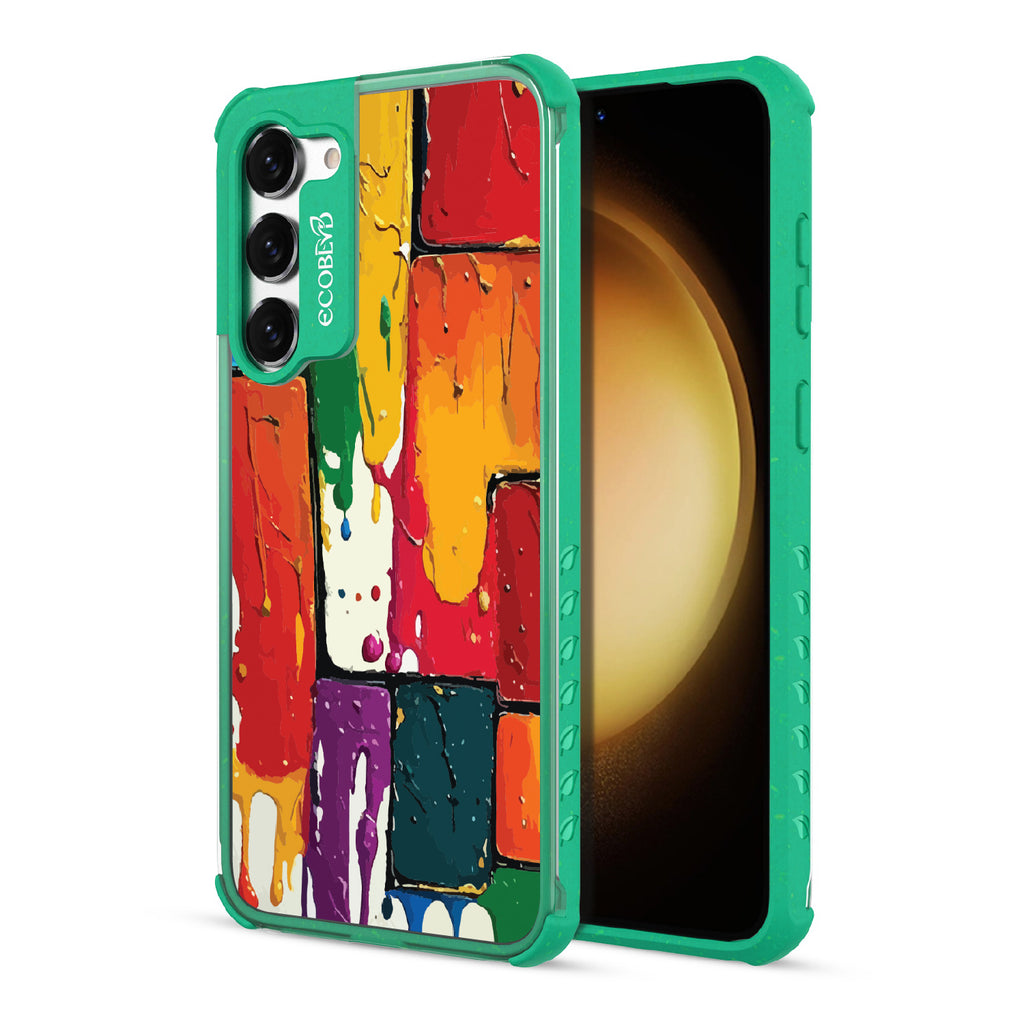 Front and back view of Samsung Galaxy S23 Plus case, clear compostable phone case with green ridges, Color Me Mine design