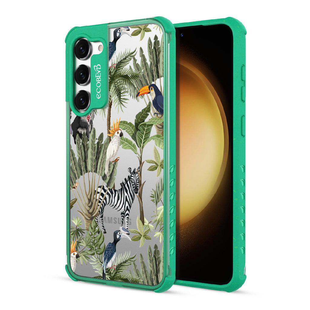 Toucan Play That Game - Back View Of Green & Clear Eco-Friendly Galaxy S23 Plus Case & A Front View Of The Screen
