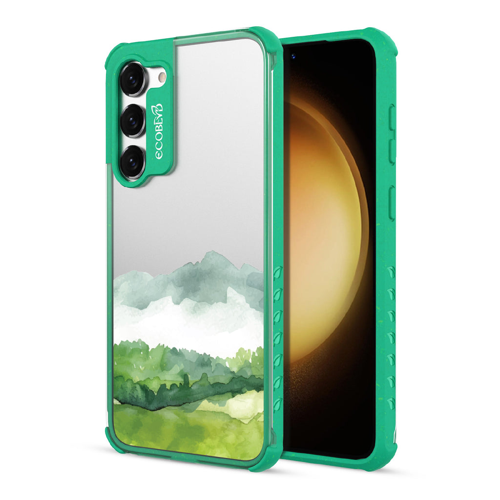 Front and back view of Samung Galaxy S23 case, clear compostable phone case with green ridges, Open Horizon design