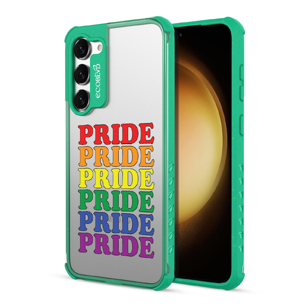 Pride Camp - Back View Of Green & Clear Eco-Friendly Galaxy S23 Case & A Front View Of The Screen