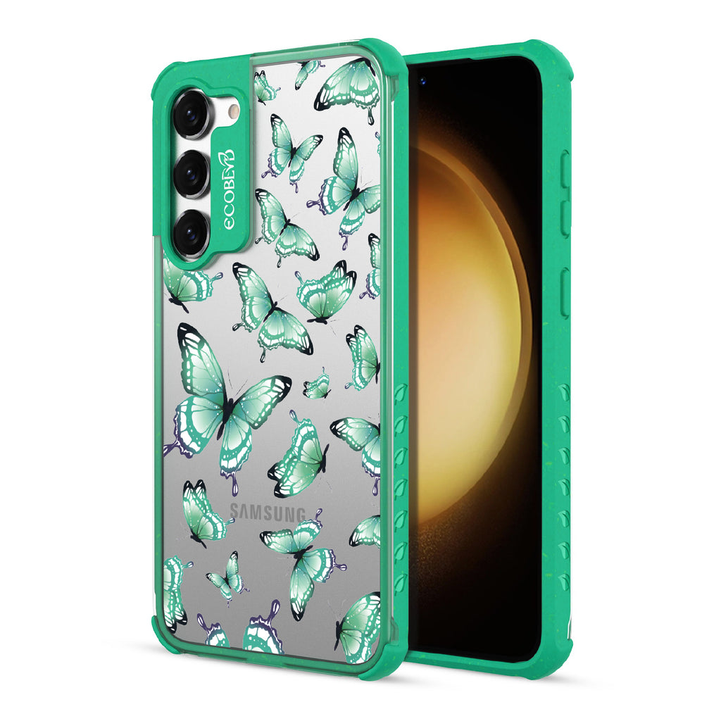 Social Butterfly - Back View Of Green & Clear Eco-Friendly Galaxy S23 Plus Case & A Front View Of The Screen