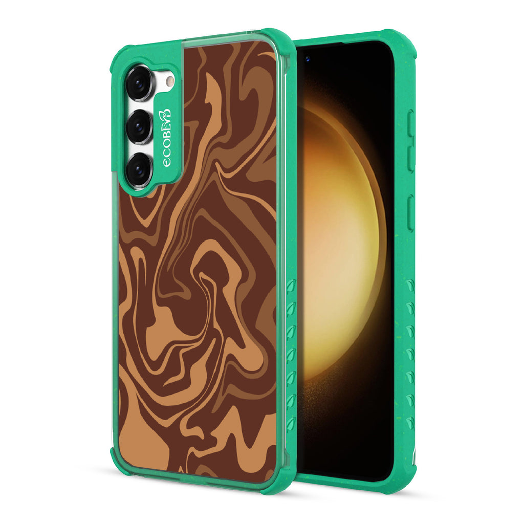 Front and back view of Samsung Galaxy S23 case, clear compostable phone case with green ridges, Stirred & Swirled design
