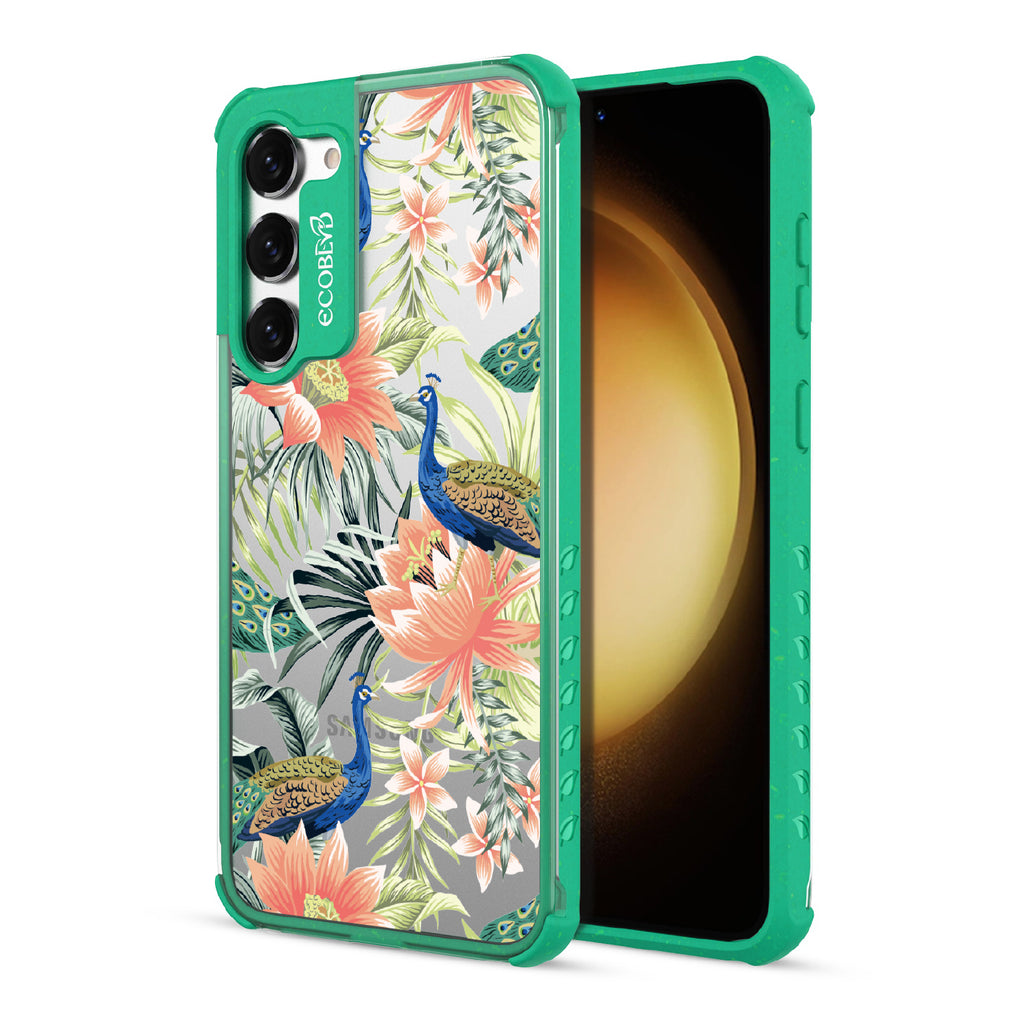 Peacock Palace - Back View Of Green & Clear Eco-Friendly Galaxy S23 Case & A Front View Of The Screen
