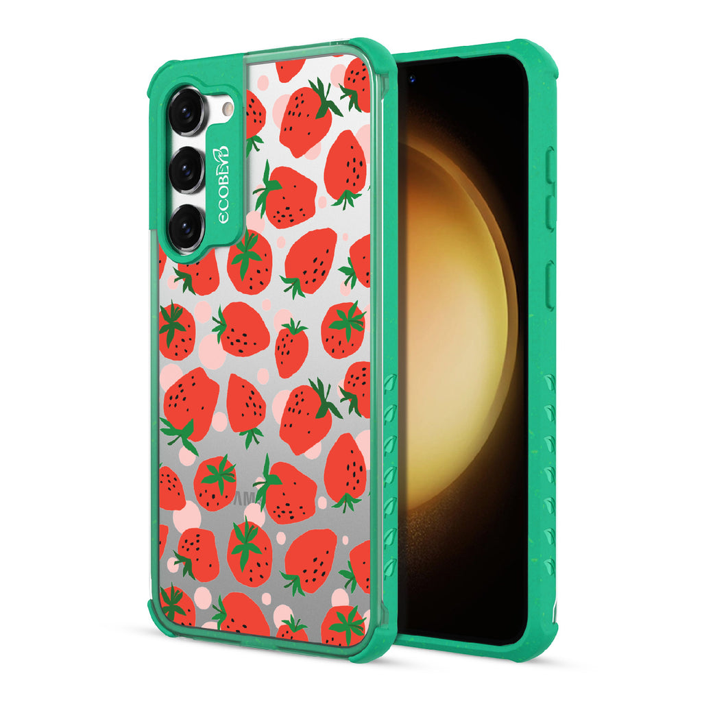 Strawberry Fields - Back View Of Green & Clear Eco-Friendly Galaxy S23 Case & A Front View Of The Screen