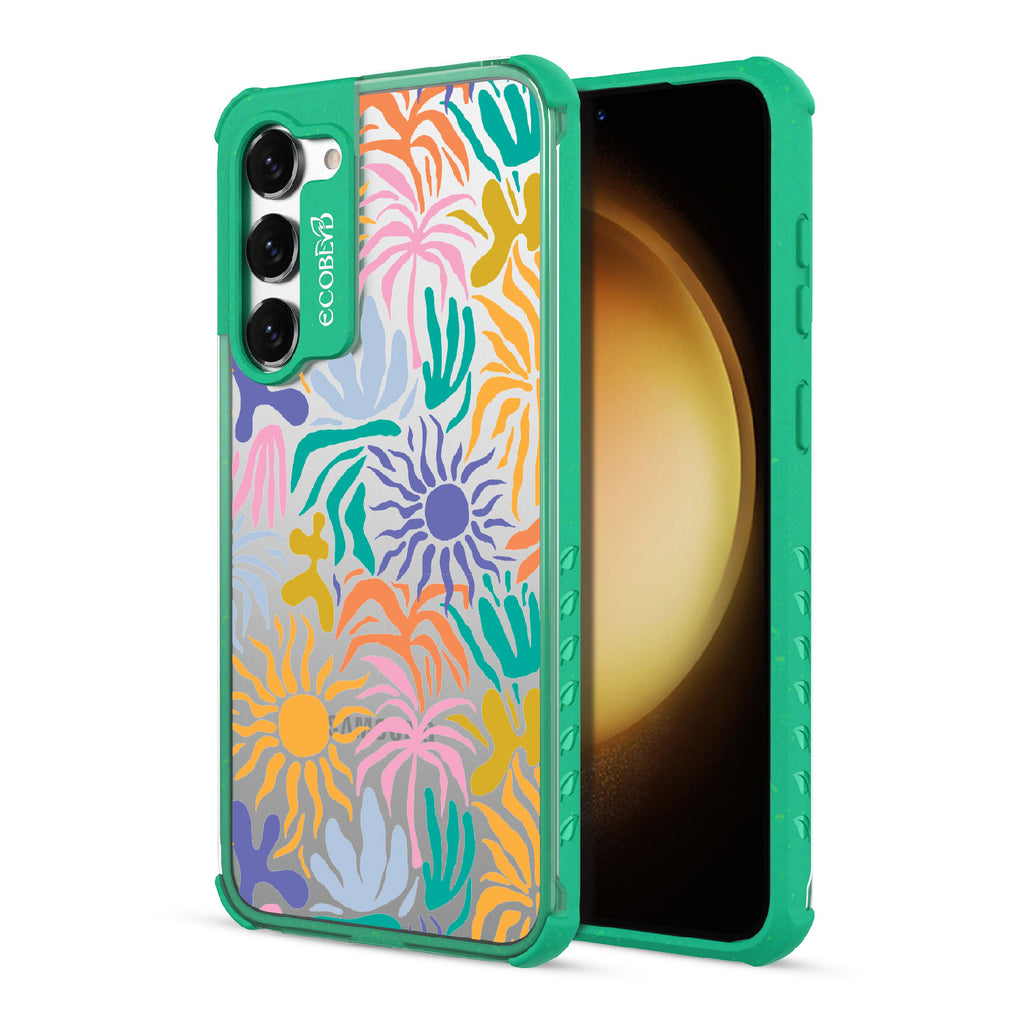 Sun-Kissed - Back View Of Green & Clear Eco-Friendly Galaxy S23 Case & A Front View Of The Screen
