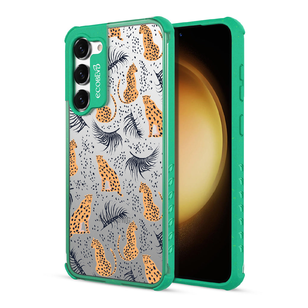 Feline Fierce - Back View Of Green & Clear Eco-Friendly Galaxy S23 Plus Case & A Front View Of The Screen