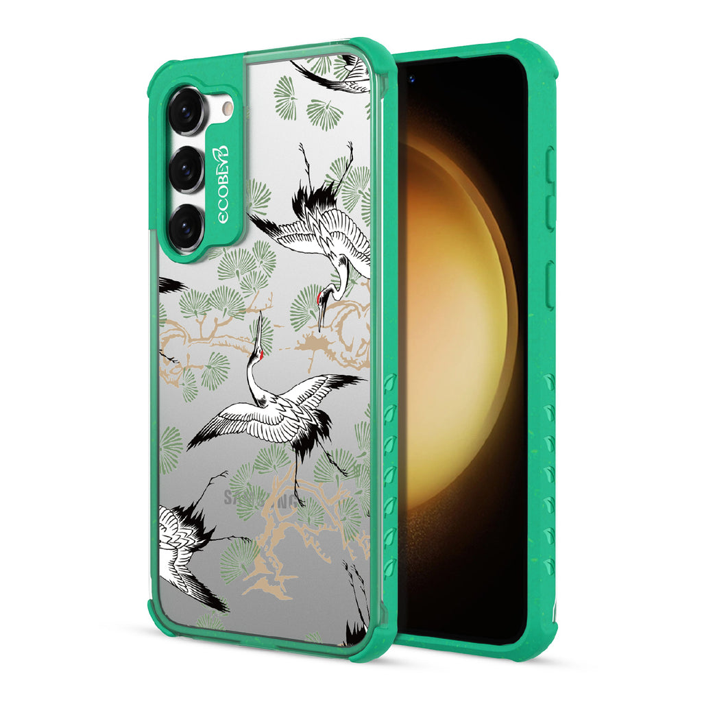 Graceful Crane - Back View Of Green & Clear Eco-Friendly Galaxy S23 Case & A Front View Of The Screen