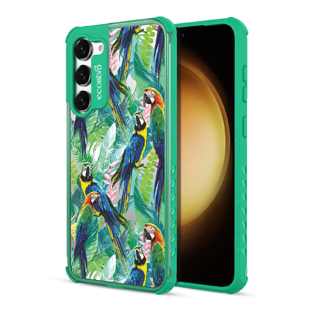 Macaw Medley - Back View Of Green & Clear Eco-Friendly Galaxy S23 Plus Case & A Front View Of The Screen