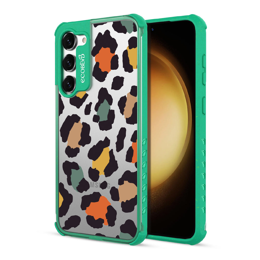 Cheetahlicious - Back View Of Green & Clear Eco-Friendly Galaxy S23 Plus Case & A Front View Of The Screen
