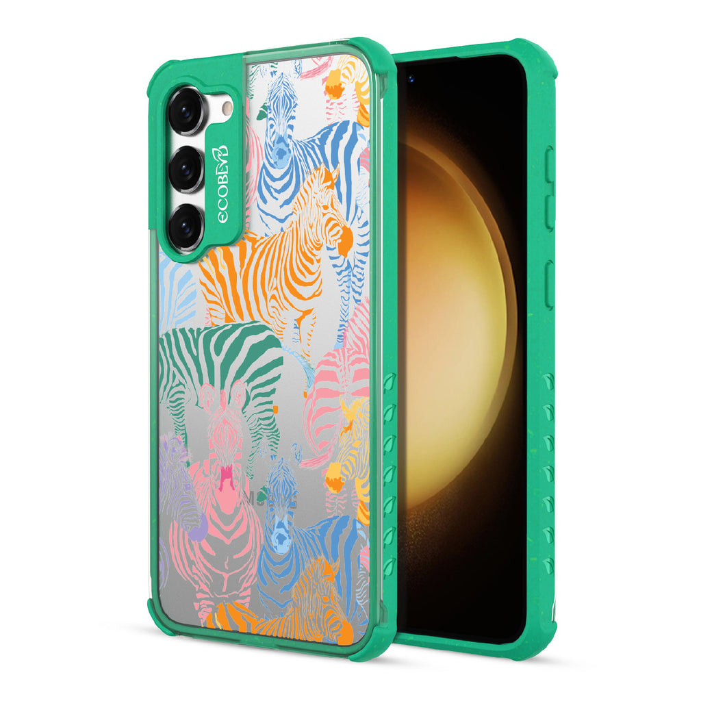Colorful Herd - Back View Of Green & Clear Eco-Friendly Galaxy S23 Plus Case & A Front View Of The Screen
