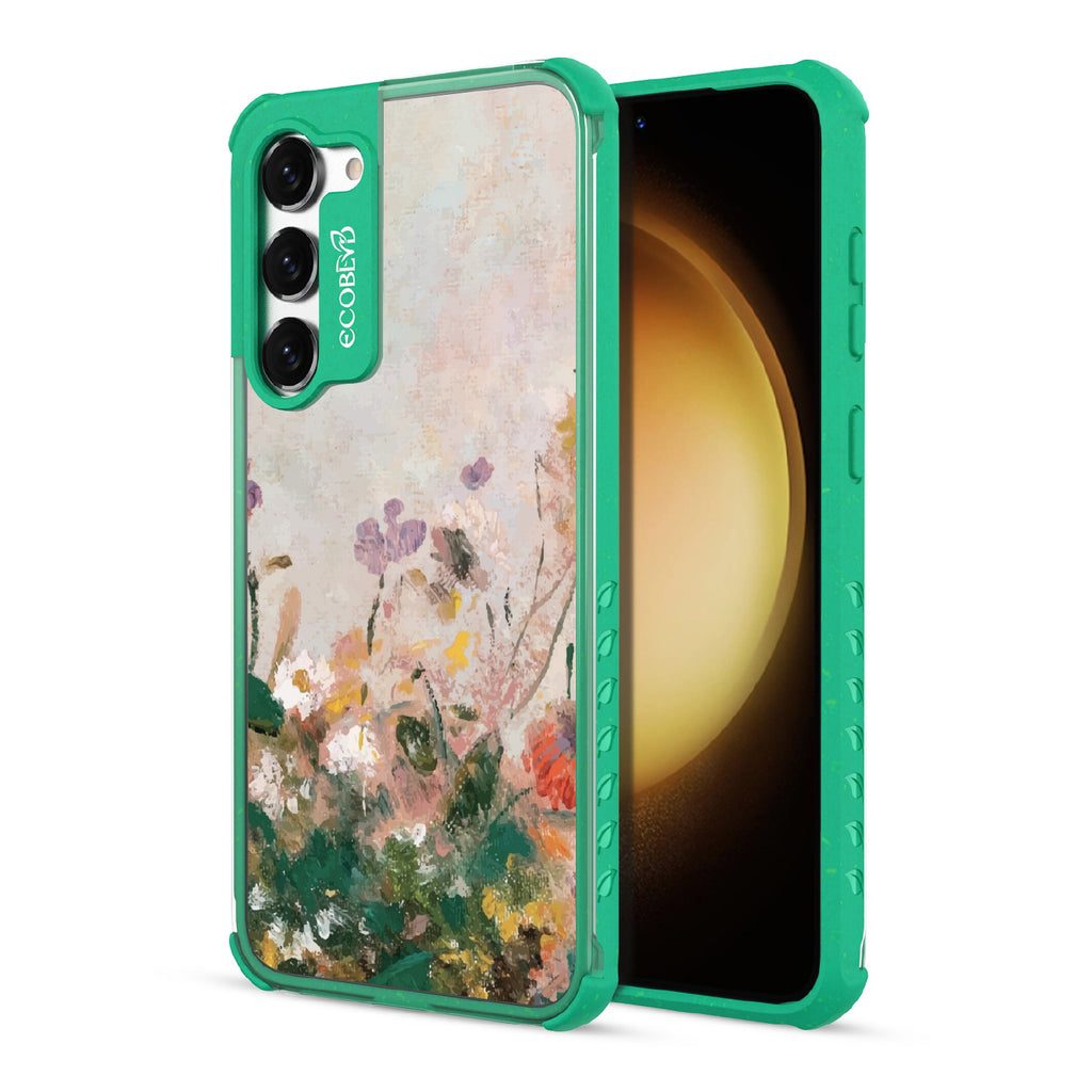 Front and back view of Samsung Galaxy S23  case, clear compostable phone case with green ridges, Wild Grace design