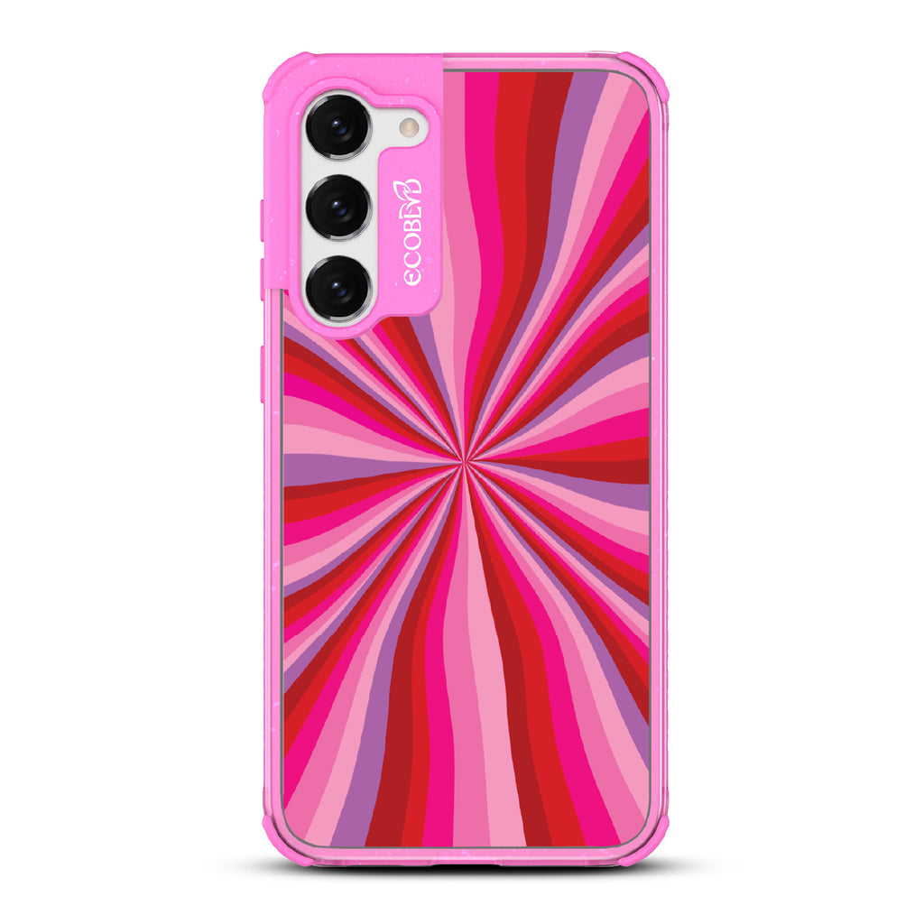 Burst of Passion - Pink Eco-Friendly Galaxy S23 Case with Swirling Pink Radial Burst On A Clear Back