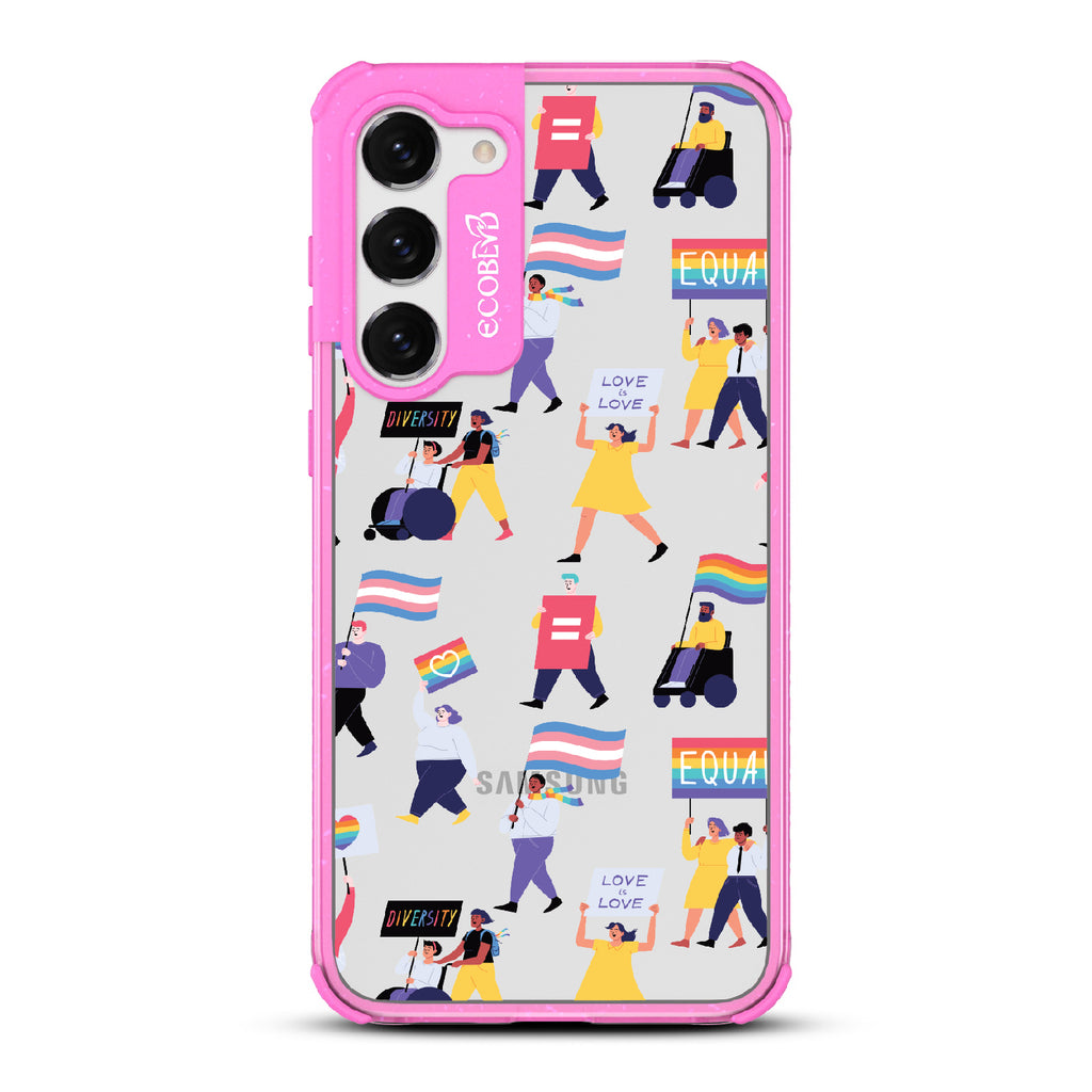 All Together Now - Pink Eco-Friendly Galaxy S23 Plus Case With Pride March For People Of All Identities On A Clear Back