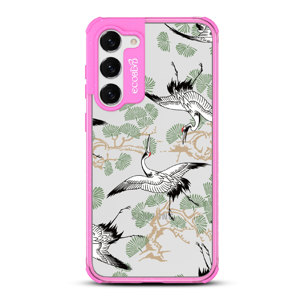 Graceful Crane - Pink Eco-Friendly Galaxy S23 Plus Case With Japanese Cranes Atop Branches On A Clear Back